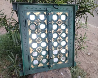 Vintage Indian Carved Wood Window with Brass & Mirror Inlay