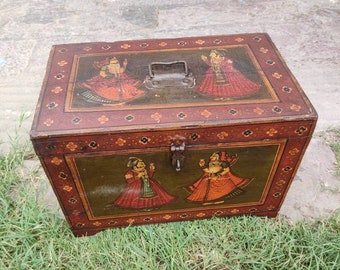 Vintage Mughal Painted Wooden Storage Trunk / Chest, Handcrafted Dowry Box