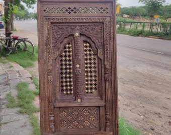 Ethnic vintage style carved wood & brass work Window frame/ handmade window/window frame/ethnic arch window/handcarved window/wood window.