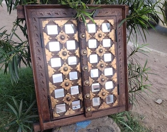 Carved Wooden Window with Brass & Glass Working, Ethnic Wall Decor