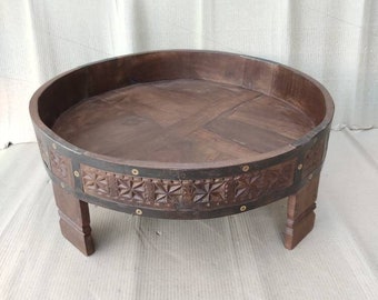 Engraved Indian Chakki Table, Distressed Wood Low Side Table