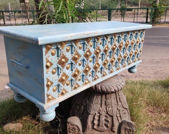 Wooden box with tiles,metal work and distressed finished/ wooden trunk box/wood storage box/wood chest box/wood cofee table/handmade trunk