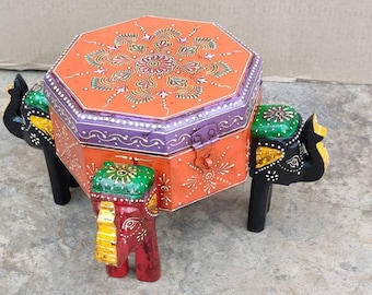 Caja de madera pintada con forma de elefante, baúl de almacenamiento para decoración del hogar (22 x 22 x 17 cm)