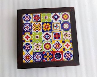 Handmade Mango Wood Chowki Table with Ceramic Tiles, Indian Bajot