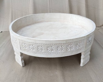 Engraved Indian Chakki Table: Distressed Wood Low Side Table