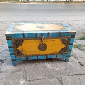 wooden box with metal work and distressed finished/ wooden trunk box /wooden storage box/wood chest box/antique box/handmade trunk/vintage