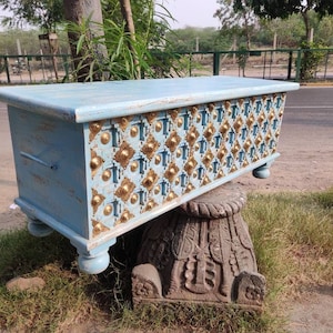 Wooden box with tiles,metal work and distressed finished/ wooden trunk box/wood storage box/wood chest box/wood cofee table/handmade trunk
