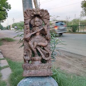 Carved wood indian goddess saraswati figure/home decor/ table decor/wood table decor/handmade wood statue/ wood figure/ wood carved figure