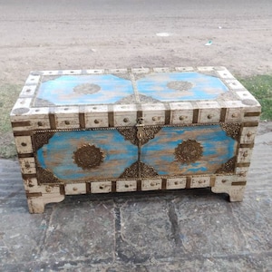 Wooden distressed finished box with brass work/wooden trunk box /wooden storage box/wooden chest box/handmade trunk box/wooden coffee table