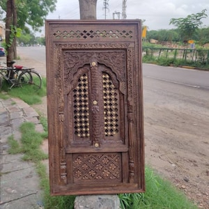 Ethnic vintage style carved wood & brass work Window frame/ handmade window/window frame/ethnic arch window/handcarved window/wood window.