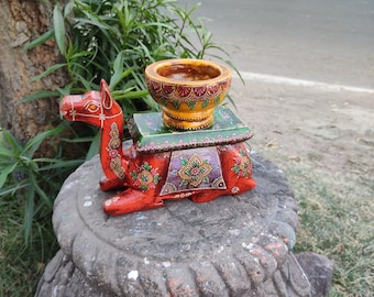 Handpainted Carved Wooden Camel Candle Holder, Artistic Home Decor