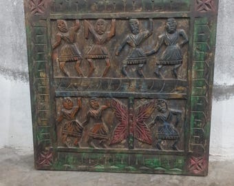 Artistic Carved Teak Wood Wall Panel, Indian Decor
