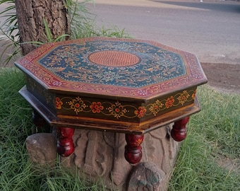 Handmade Indian Painted Mango Wood Chowki Table, Rajasthani Decor Coffee Table, Bajot