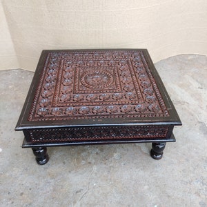Handcarved Indian Chowki Table, Vintage Wooden Bajot, Home Decor