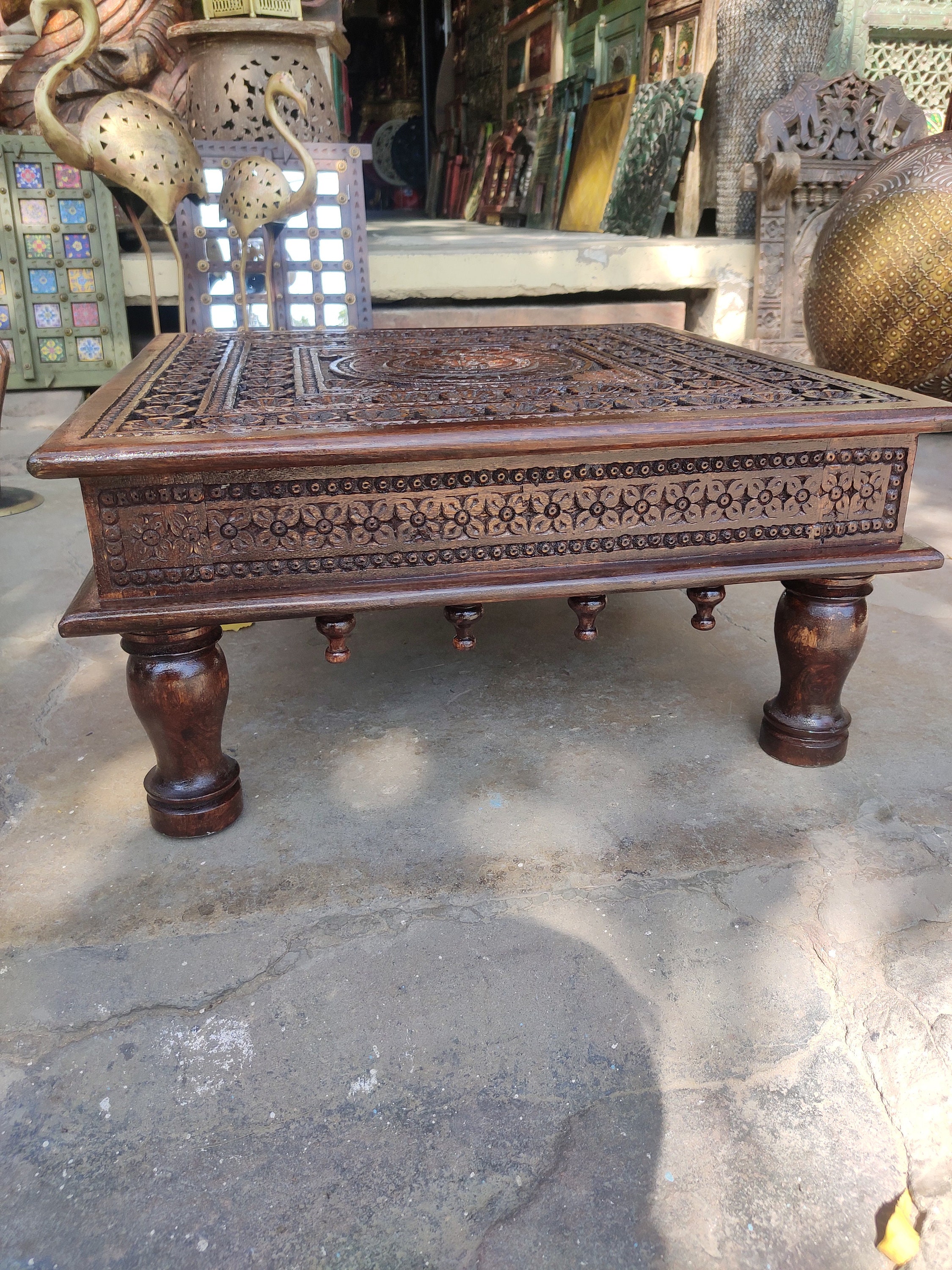 Handcarved Wooden Indian Chowki Table: Vintage Style Bajot, Home Decor ...