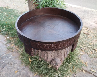Engraved Indian Chakki Table, Distressed Wood Low Side Table