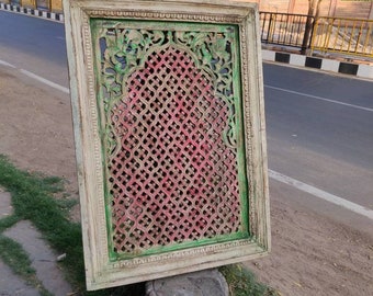 Hand Carved Wood Wall Panel, Hand-made Indian Distressed Flower Art (105x75 cm)