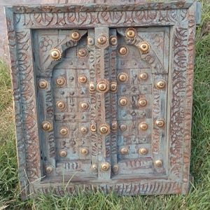 Handcarved Wood & Brass fixed Window Frame - Vintage Indian Wall Decor -not openable - Wall hanging decor.