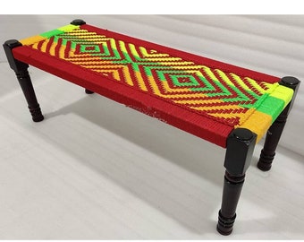 Wooden handmade colourful woven rope charpai / day bed /cotton rope charpai /Wooden Indian seater / Garden bench/rope seater/woven bench