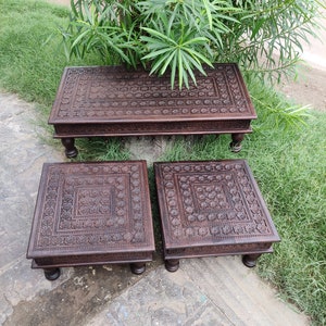 Handcarved Wooden Chowki Set, Vintage Indian Tables, Home Decor Bajot ...
