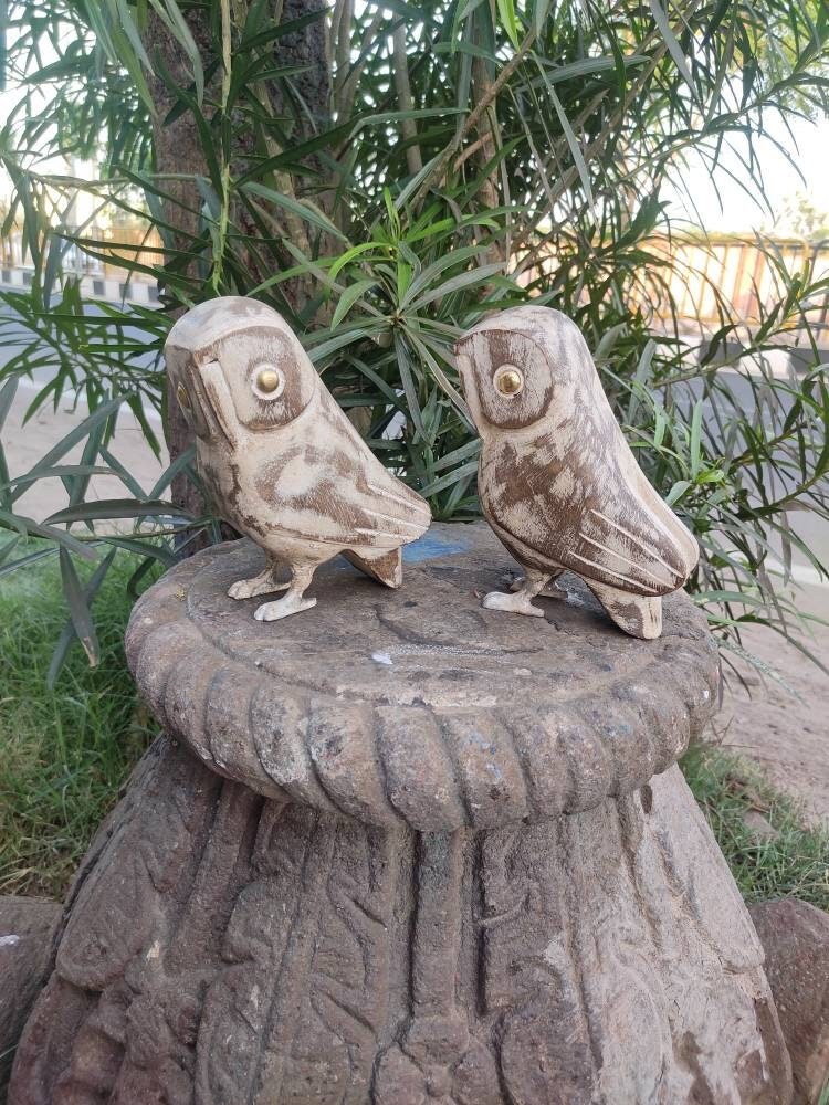 Set of 2 pieces wooden owl with metal work and distressed finished/artistic figurines/wooden owl fig