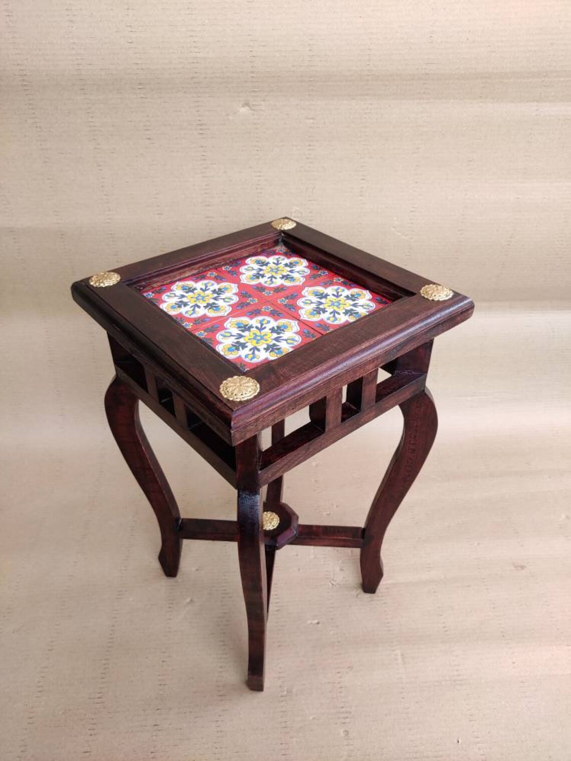 Indian Wooden Side Table With Brass and Ceramic Tiles Fitted / Etsy