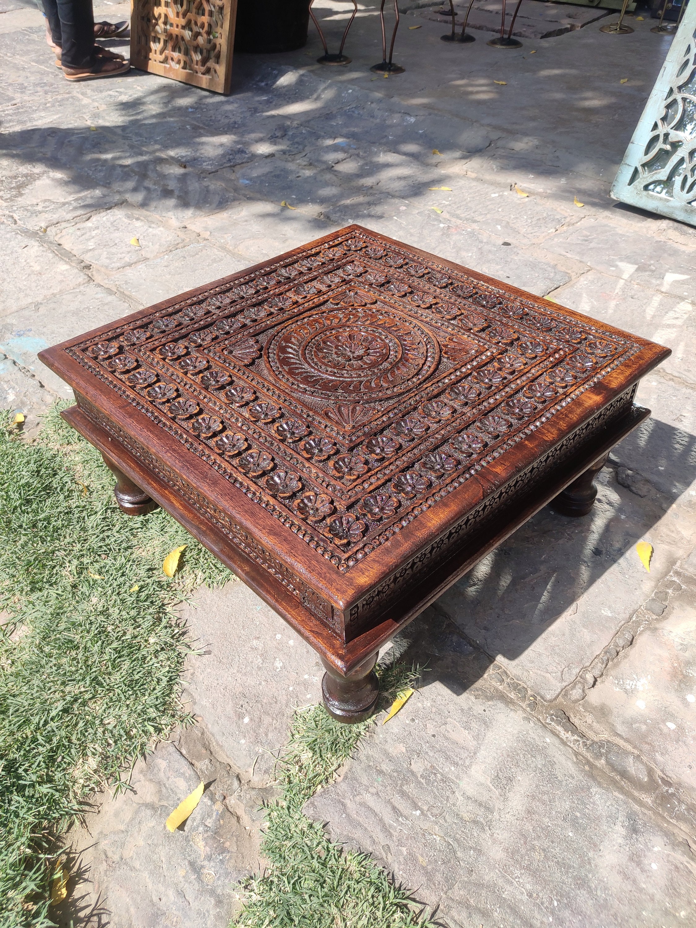 Handcarved Wooden Indian Chowki Table: Vintage Style Bajot, Home Decor ...