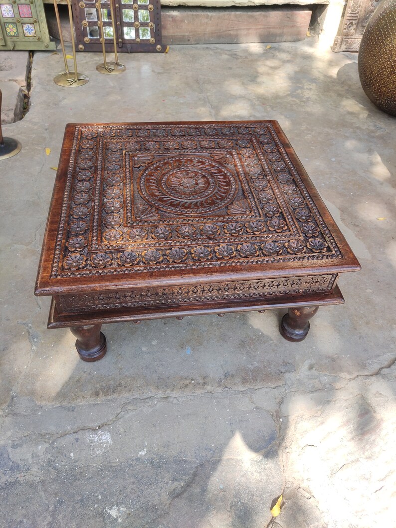 Handcarved Wooden Indian Chowki Table: Vintage Style Bajot, Home Decor ...