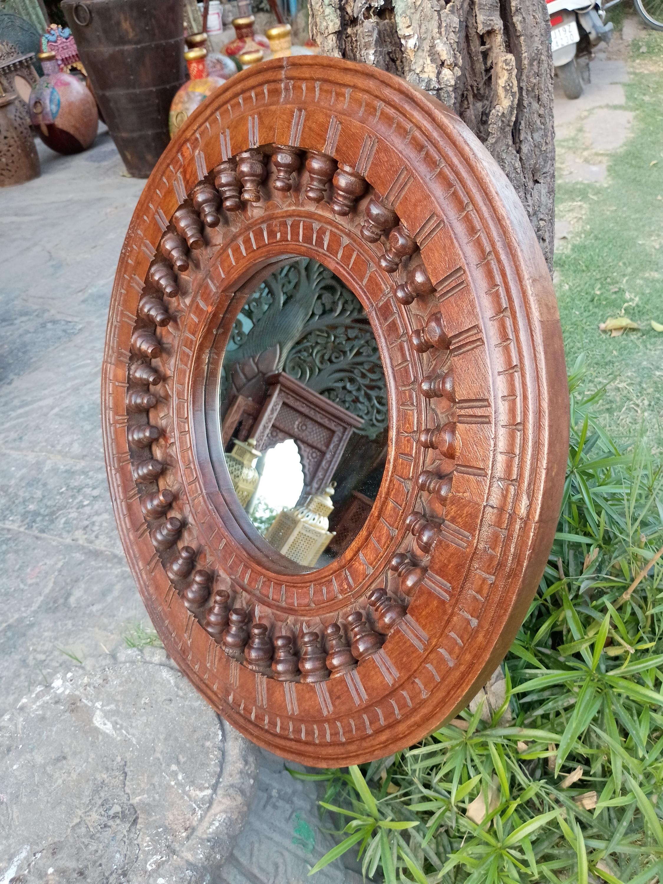 Round Mirror Frame Design Indian Carved Wood Round Mirror Frame: Antique Style Wall Decor - Etsy