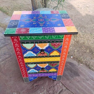 Bedside table wooden handpainted unique design/ drawers bedside/night stand/storage cabinet/statue stand/flower pot stand/night lamp table