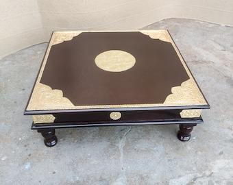 Handmade Indian Chowki Table: Mango Wood Bajot with Brass Inlay