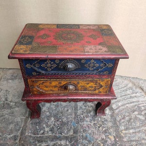 Wooden Handmade Hand Painted Colorful Indian Ethnic Bedside Table,Storage Table, Chest Of Drawer,lamp stand, statue stand,wooden night stand
