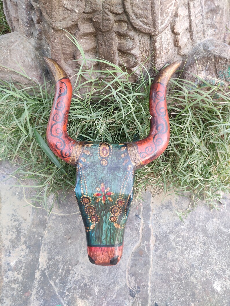 Handmade Carved Bull Figure With Handpainting/decorative Wood Art