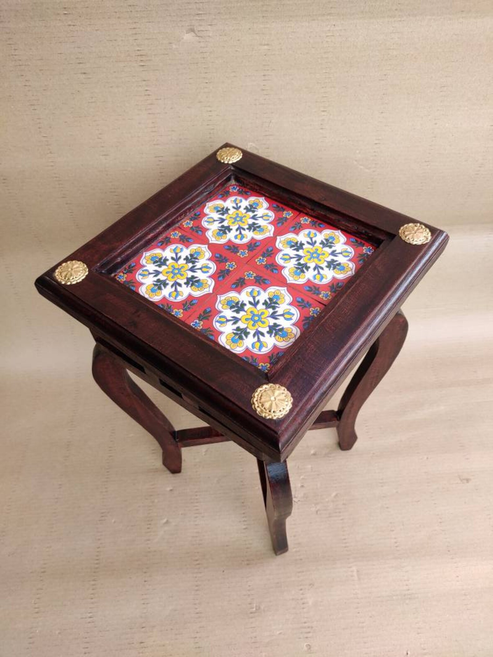 Indian Wooden Side Table With Brass and Ceramic Tiles Fitted / Etsy