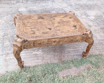 Handcarved Wooden Coffee Table, Indian Elephant Design, Distressed Finish