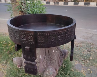 Engraved Indian Chakki Table, Distressed Wood Low Side Table