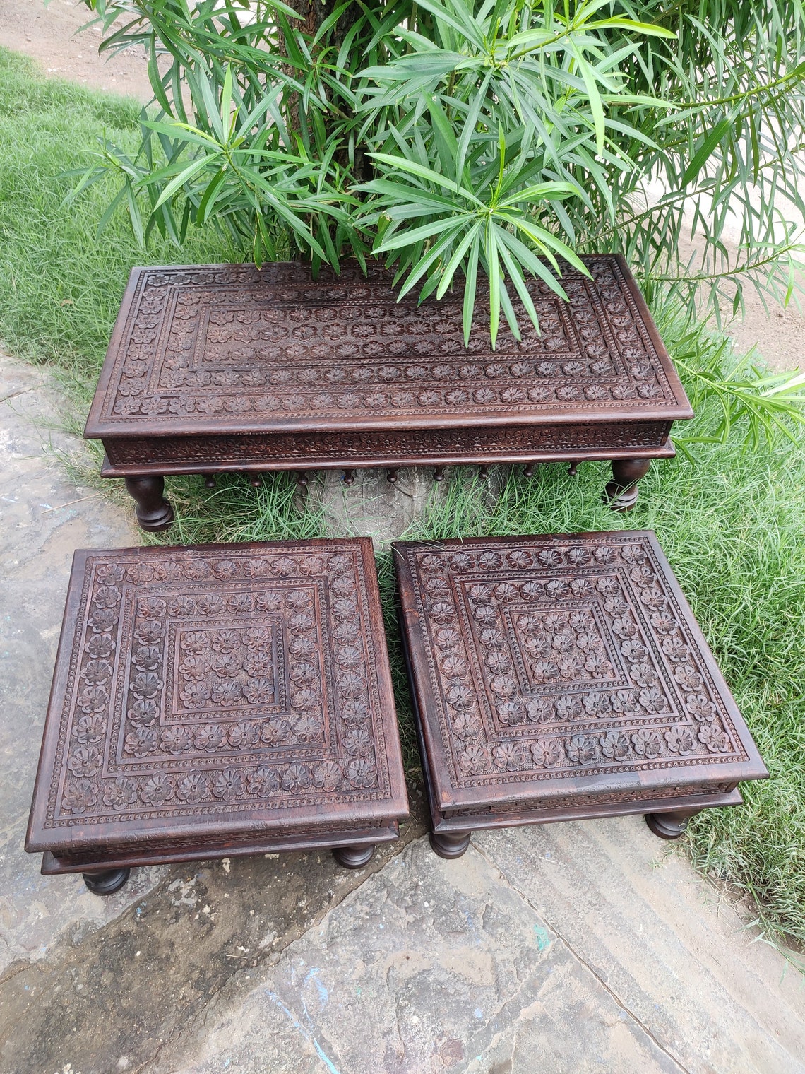 Handcarved Wooden Chowki Set, Vintage Indian Tables, Home Decor Bajot ...
