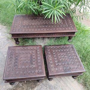 Set of 3 pieces wooden vintage style handcarved Indian Chowki/Home Decor table/Indian table Handmade Bajot,wooden chowki,wooden side Table