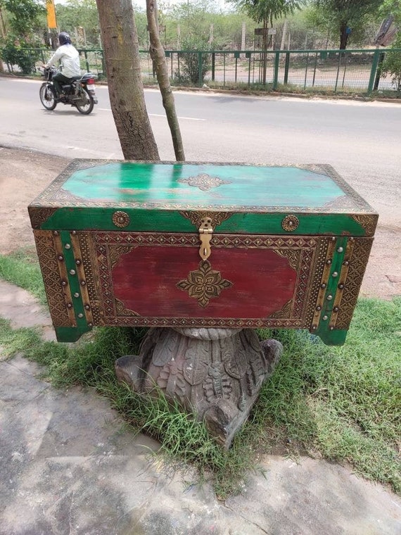 Coffre Malle Vintage Indien – Boîte En Bois Peinte à La Main, Années 80, Déco Maison