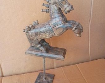 Vintage Carved Wooden Jumping Horse, Distressed Finish