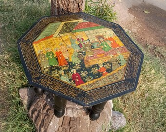 Handmade Indian Painted Chowki Table, Mango Wood Bajot (45x45x32cm)