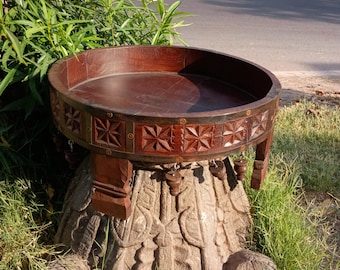 Engraved Indian Chakki Table, Distressed Wood Low Side Table