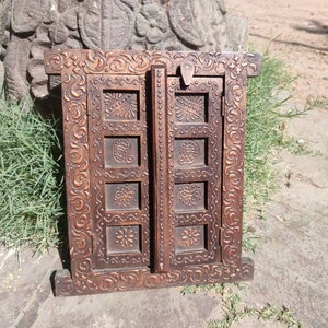 vintage style wooden window with carving and painting/copper embossed window/ethnic window/wooden wall hanging window/window/wooden window