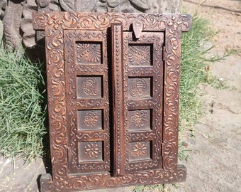 vintage style wooden window with carving and painting/copper embossed window/ethnic window/wooden wall hanging window/window/wooden window