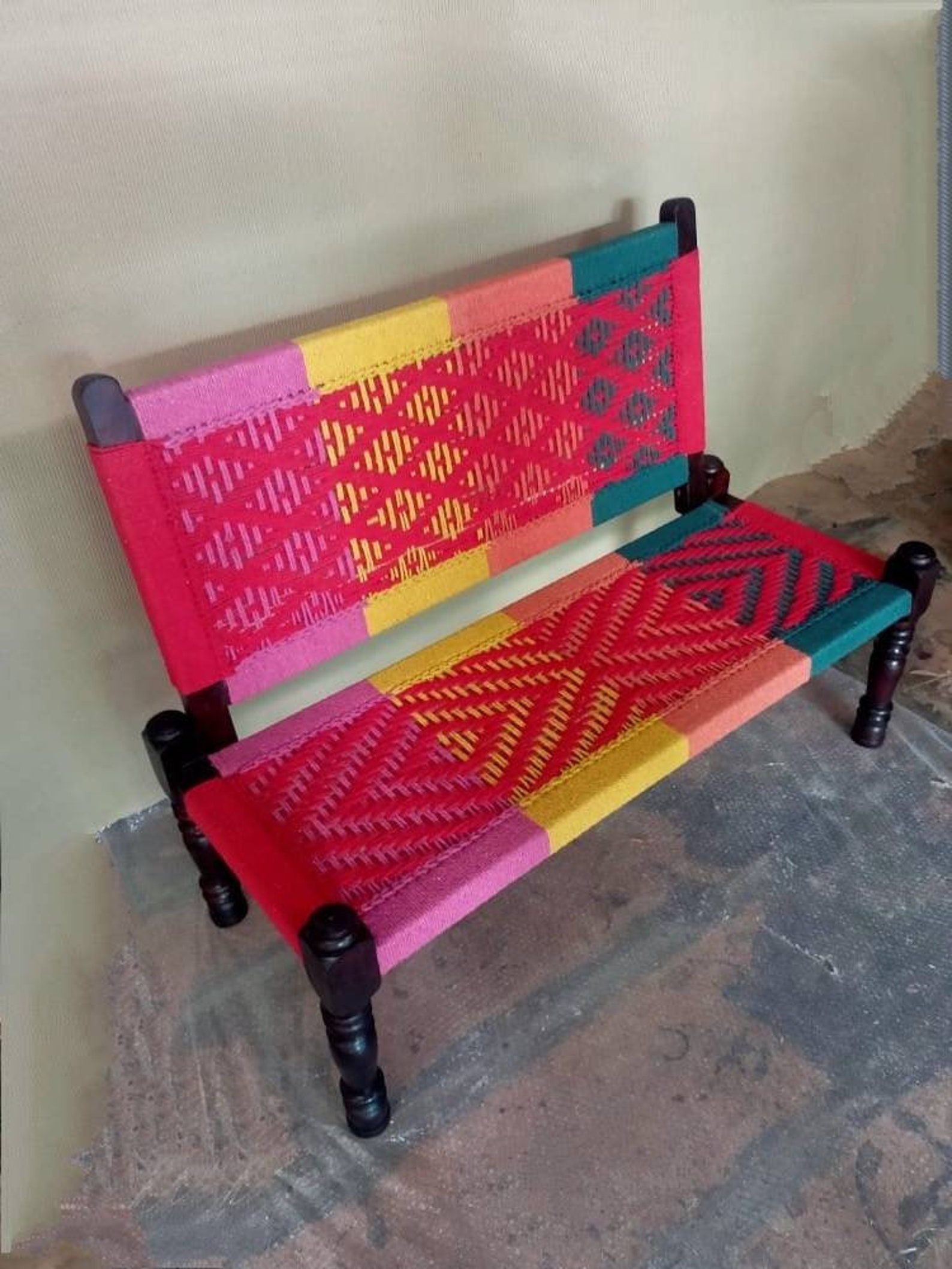 Handmade Wooden Woven Rope Charpai Bed With Back/day Bed Etsy