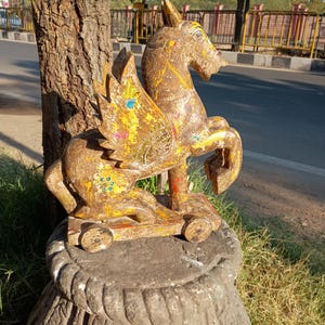 Wooden painted carved flying horse/handcrafte horse/artistic horse/wood carved horse/distressed finished horse/wooden horse/handmade horse.