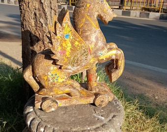 Hand Carved Wooden Flying Horse Statue, Distressed Finish