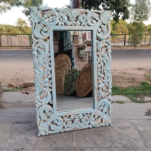 wooden carved & distressed gray finished mirror frame Wall Decor, Wall Hanging,carved wood frame,wooden vintage frame,wooden mirror frame