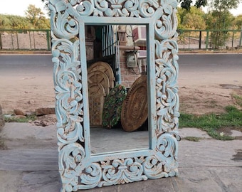 wooden carved & distressed gray finished mirror frame Wall Decor, Wall Hanging,carved wood frame,wooden vintage frame,wooden mirror frame