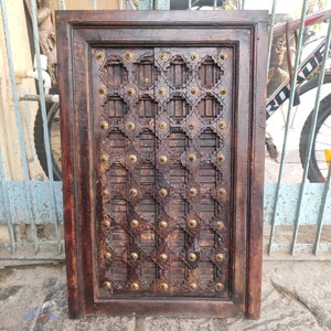 Antique vintage carved wood & brass work Window/ handmade window/window frame/Wall Decor/ethnic wood window/handcrafte window/wooden window.